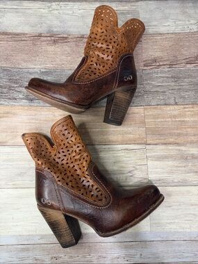 Brown Bed Stu Irma Two-Tone Perforated Leather Ankle Booties Boots 9